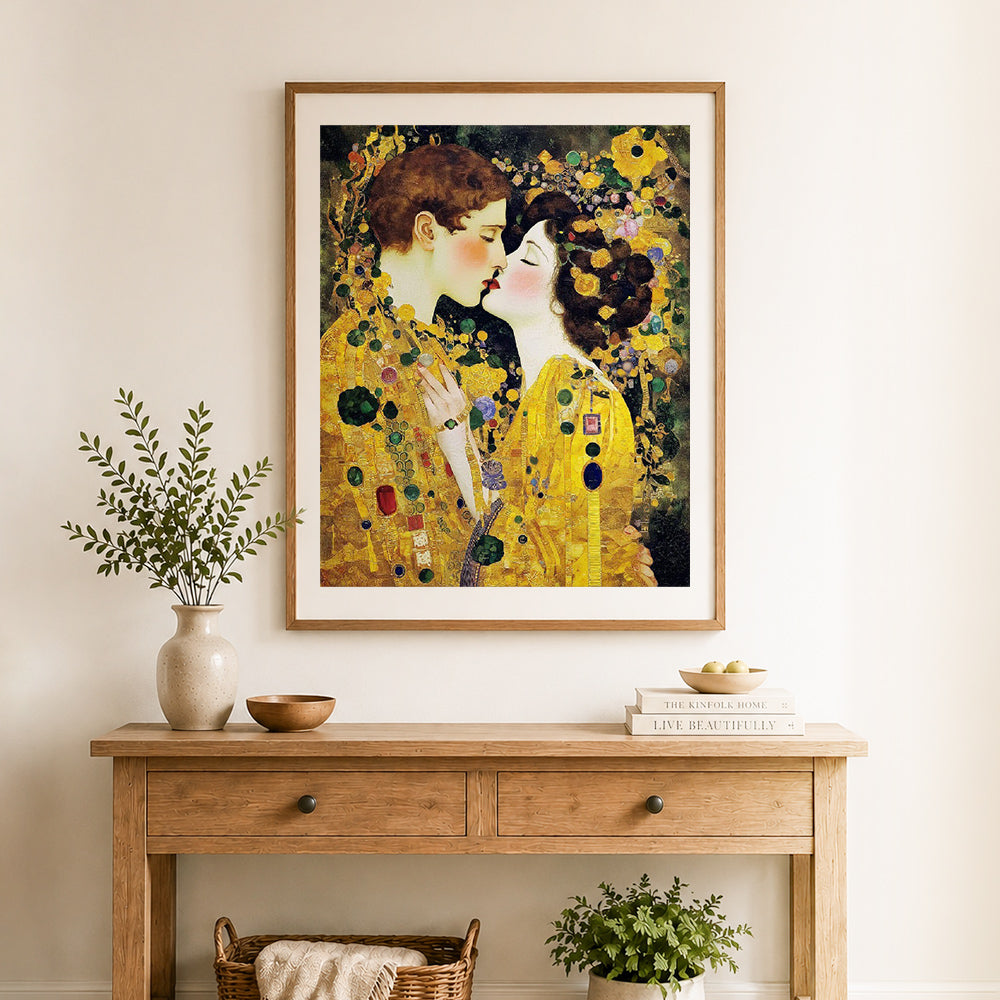 Finished golden lovers kiss cross stitch artwork displayed as home decor