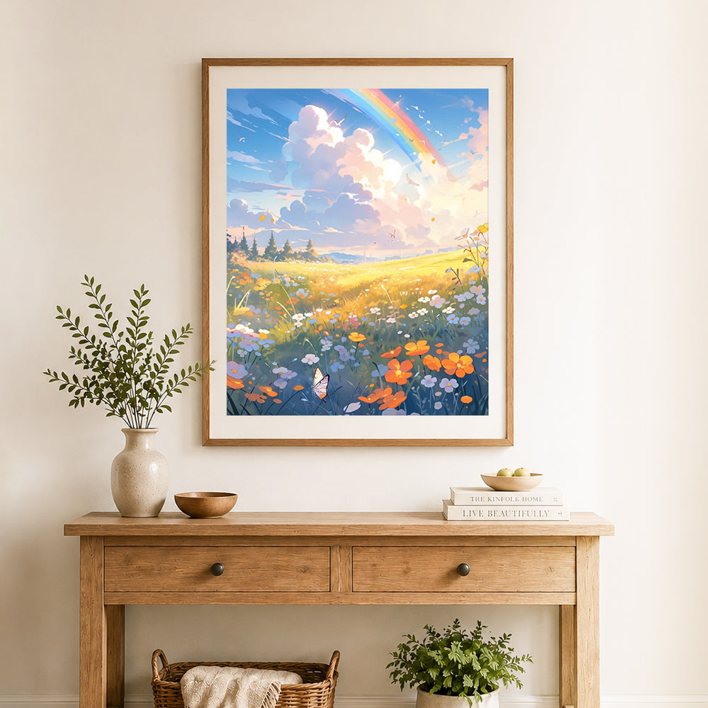 Finished golden meadow with butterflies cross stitch artwork displayed as home decor
