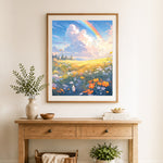 Finished golden meadow with butterflies cross stitch artwork displayed as home decor