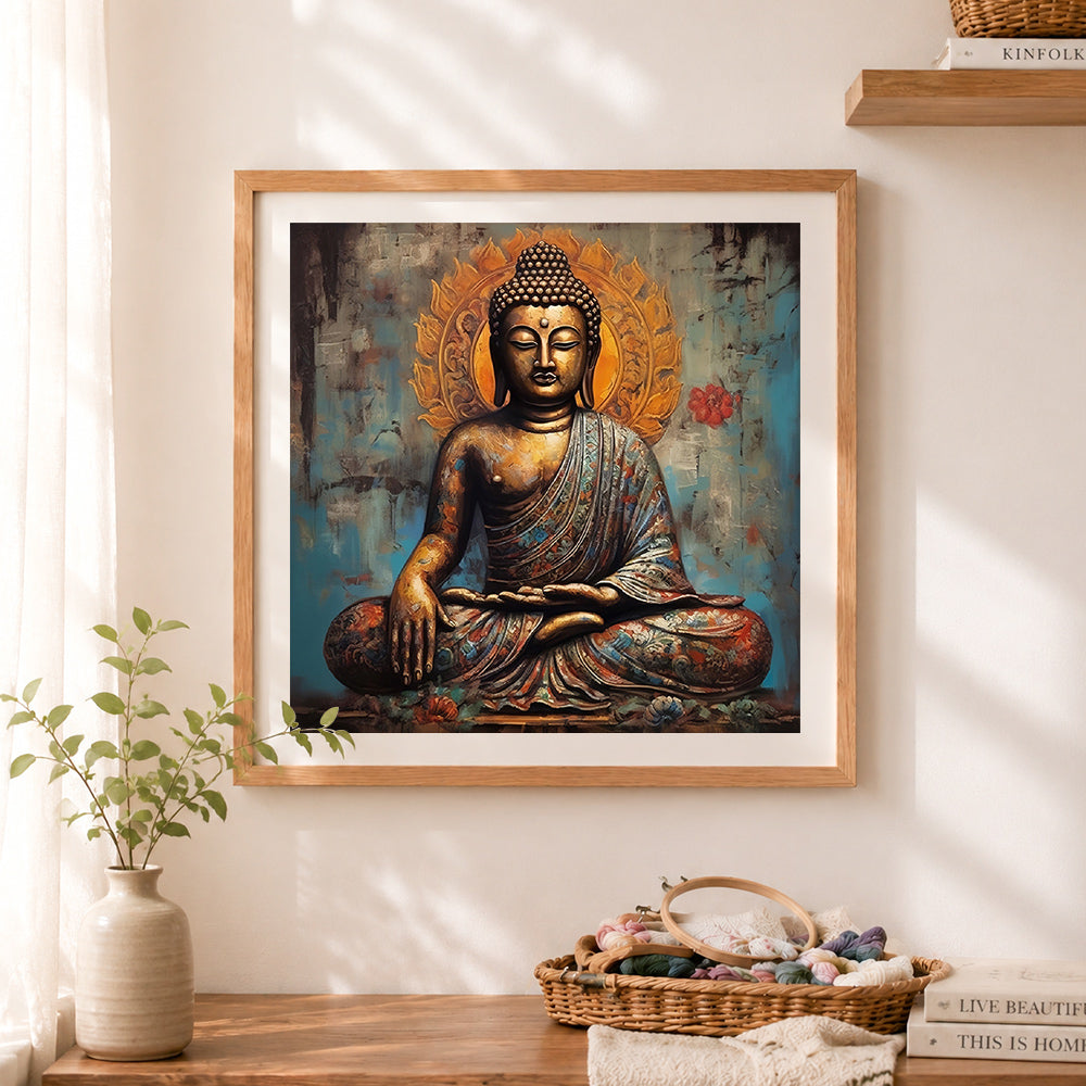 Finished golden meditating buddha with halo cross stitch artwork displayed as home decor