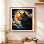 Finished golden moon wolf art cross stitch artwork displayed as home decor
