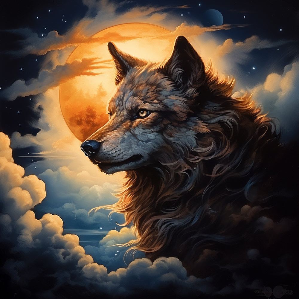 Golden moon wolf art cross stitch kit for beginners