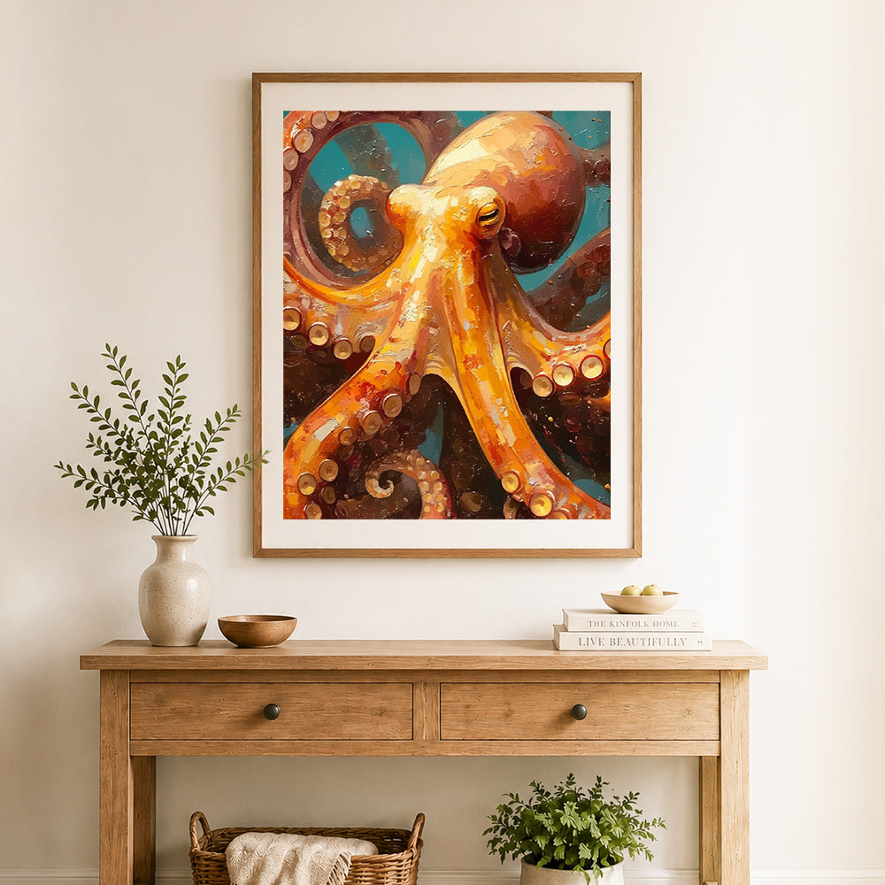 Finished golden octopus cross stitch artwork displayed as home decor