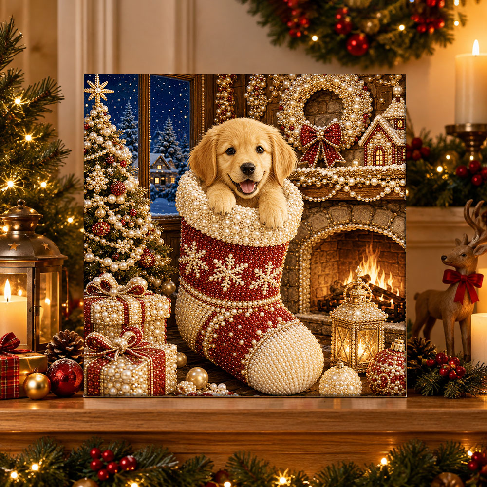 Finished golden puppy in christmas stocking pearl diamond painting artwork displayed as holiday home decor