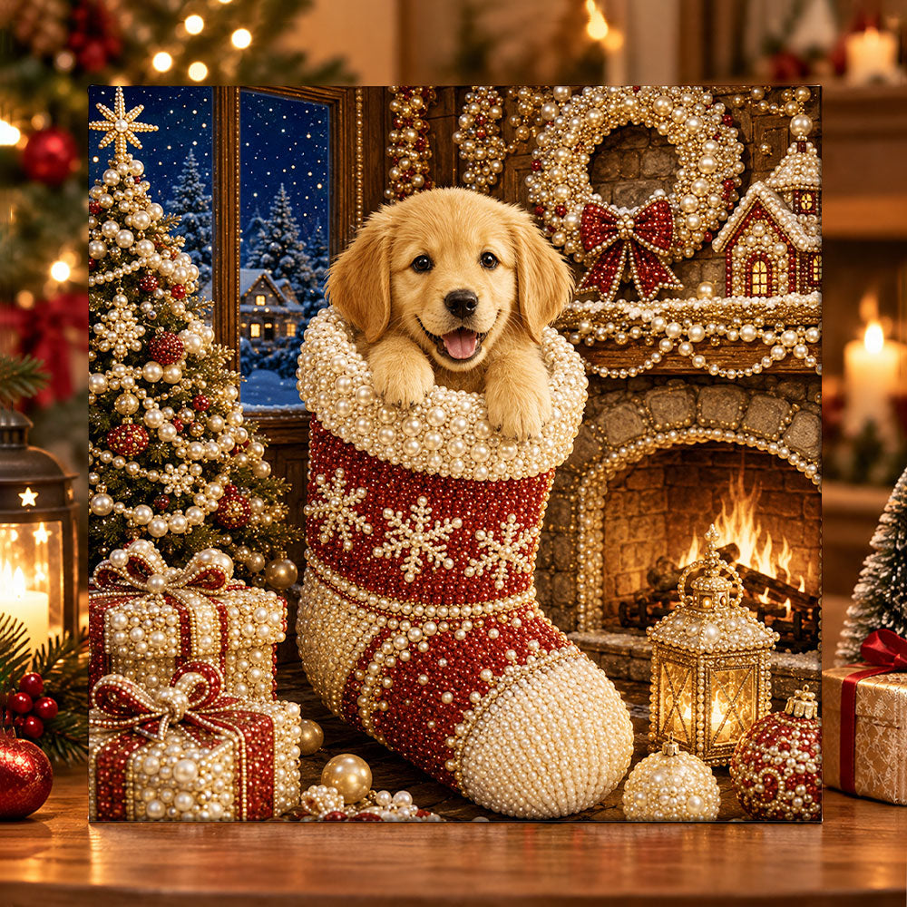 Golden puppy in christmas stocking pearl diamond painting kit for beginners