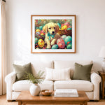 Finished golden puppy surrounded by easter treats cross stitch artwork displayed as home decor