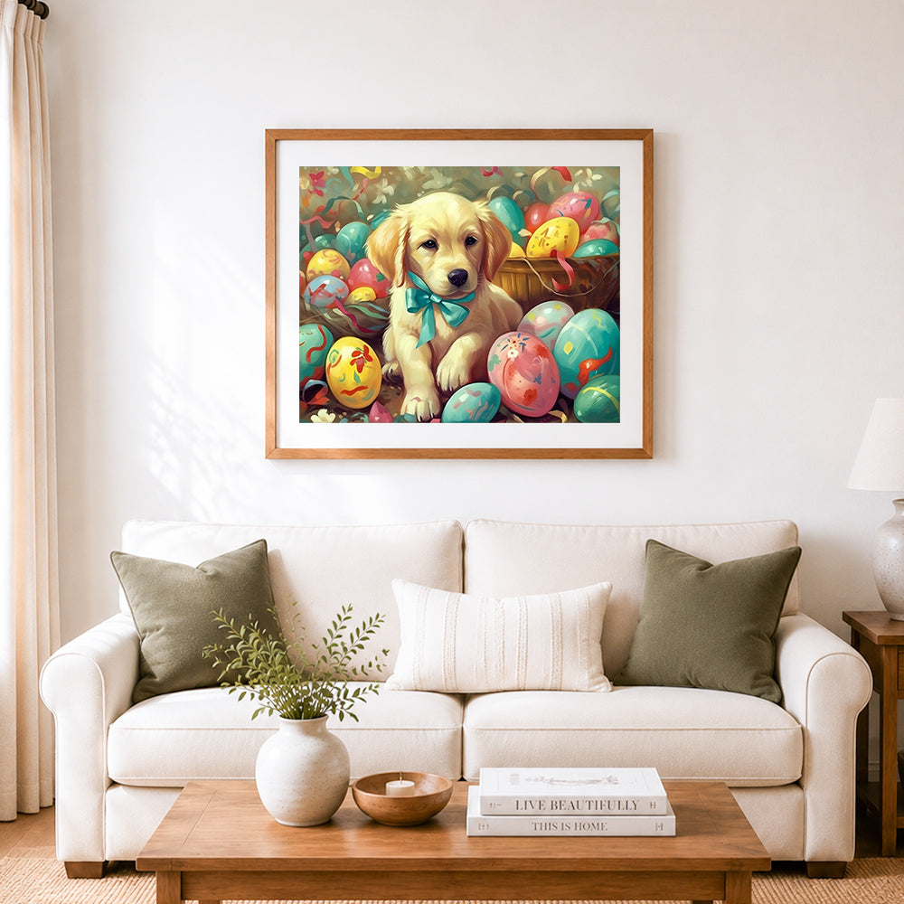 Finished golden puppy surrounded by easter treats cross stitch artwork displayed as home decor