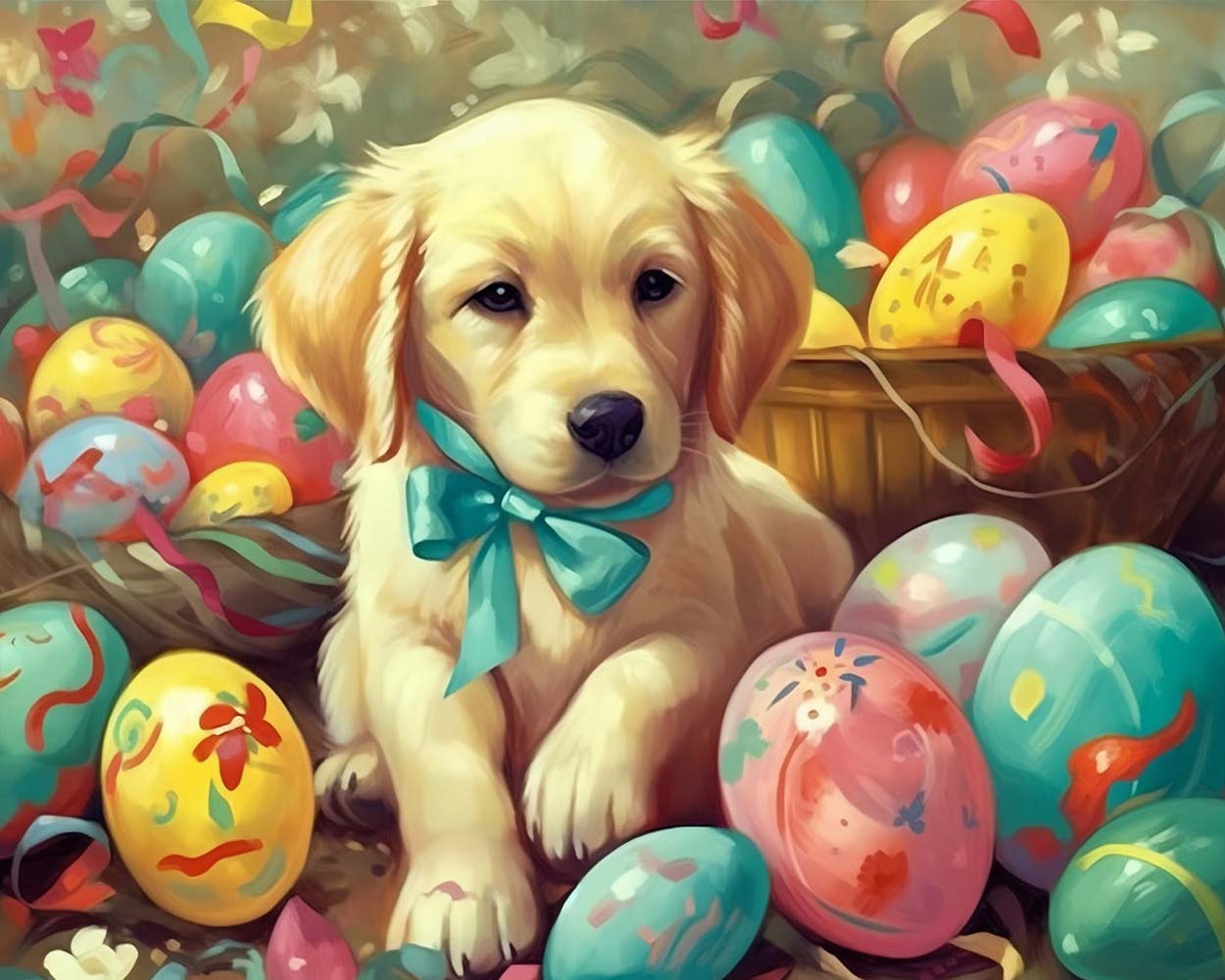 Golden puppy surrounded by easter treats cross stitch kit for beginners 