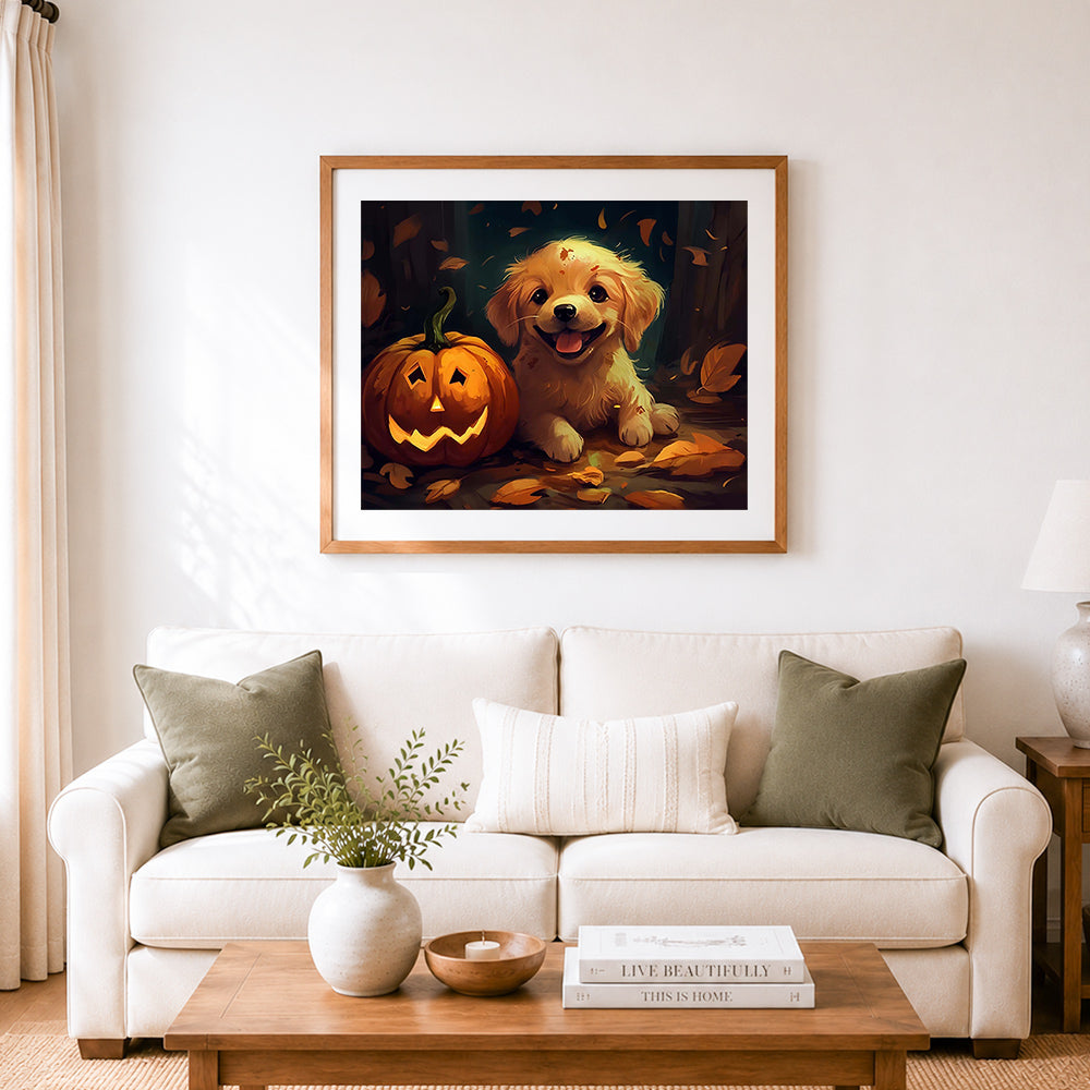 Finished golden puppy with halloween pumpkin cross stitch artwork displayed as home decor