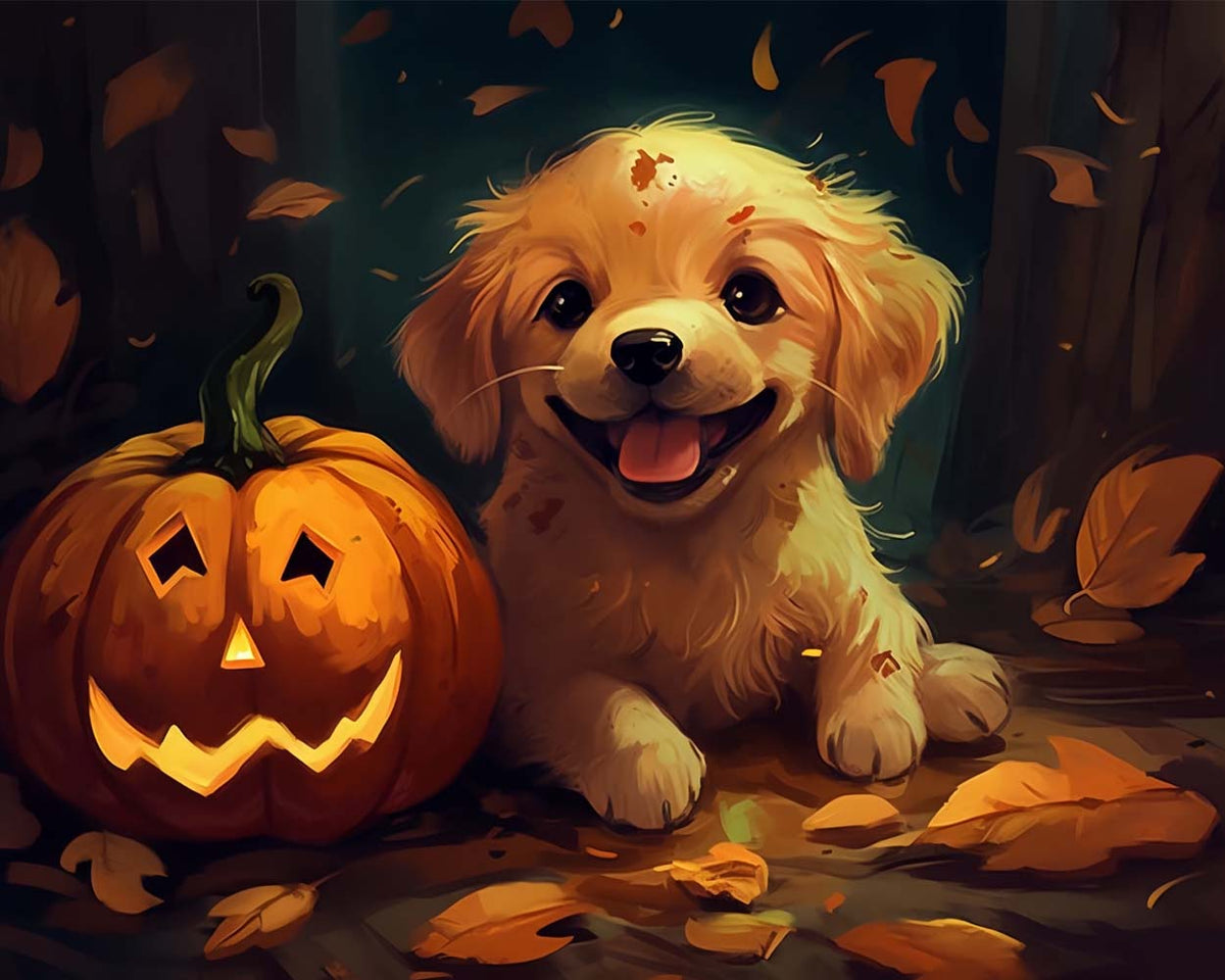 Golden puppy with halloween pumpkin cross stitch kit for beginners