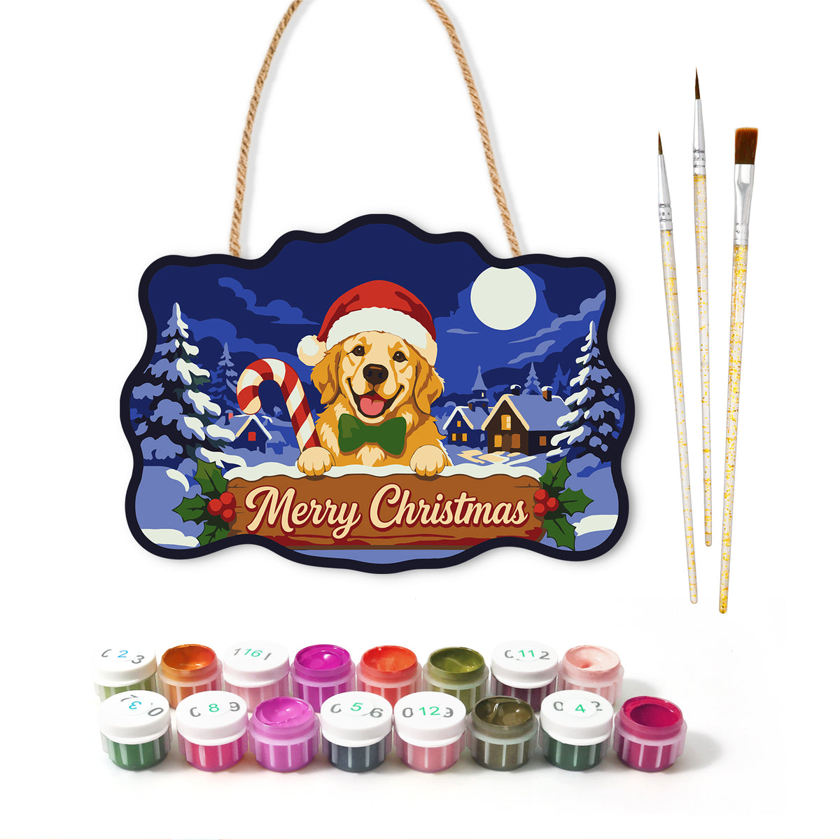 Golden retriever candy cane paint by numbers door hanger with paints and brushes