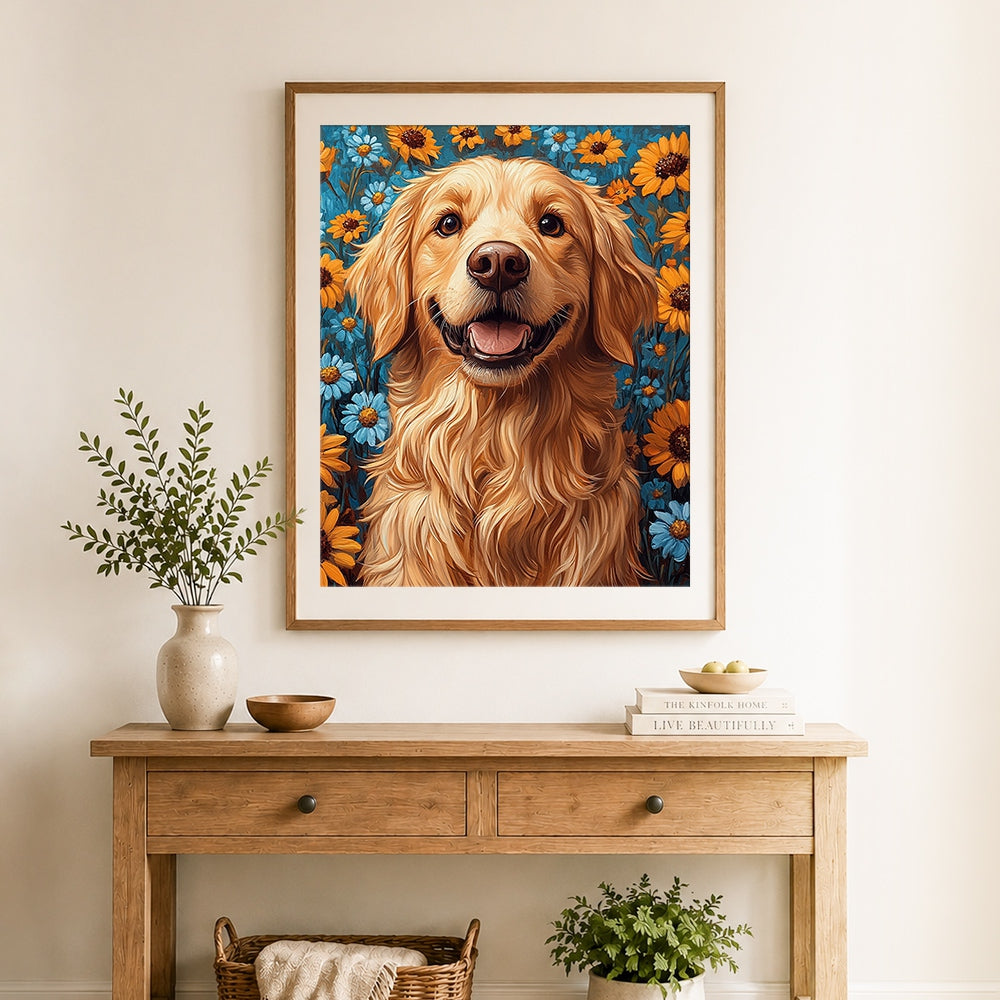 Finished golden retriever in floral field cross stitch artwork displayed as home decor