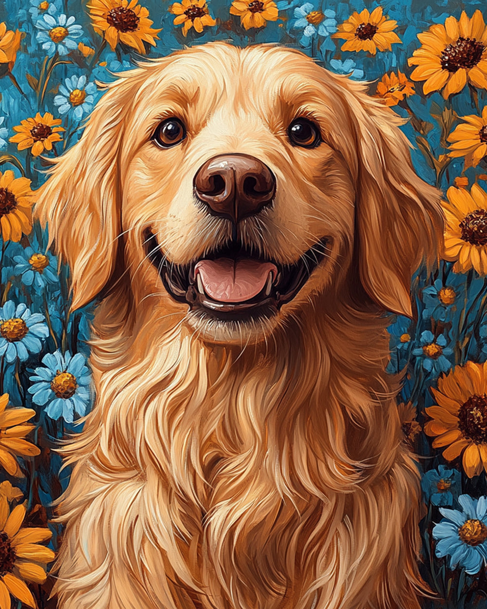 Golden retriever in floral field cross stitch kit for beginners