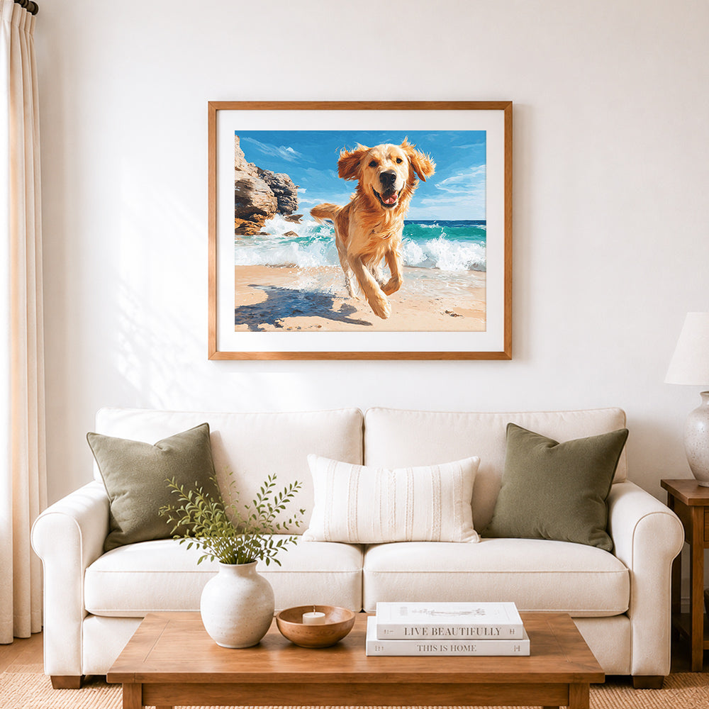 Finished golden retriever running on beach cross stitch artwork displayed as home decor