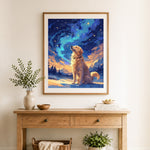 Finished golden retriever under starry sky cross stitch artwork displayed as home decor