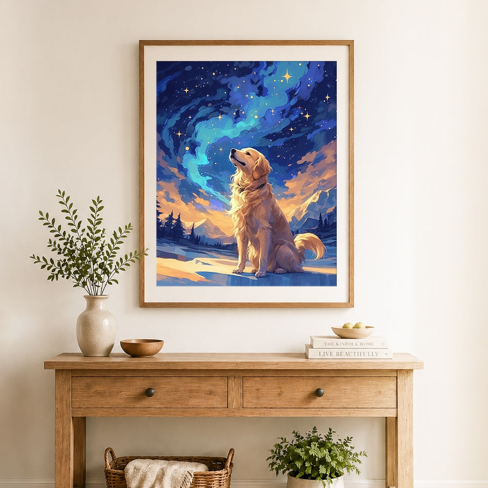 Finished golden retriever under starry sky cross stitch artwork displayed as home decor