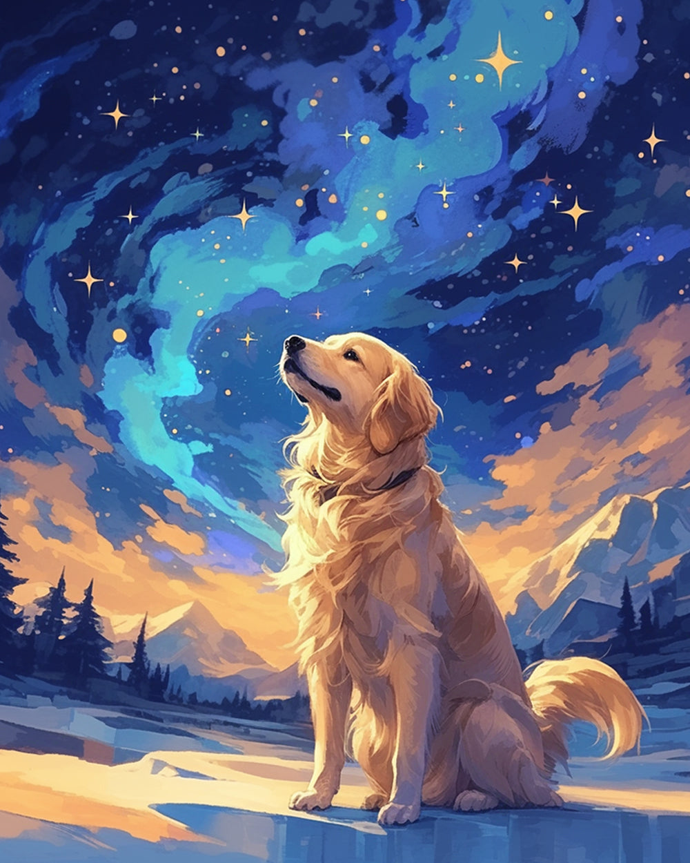 Golden retriever under starry sky cross stitch kit for beginners