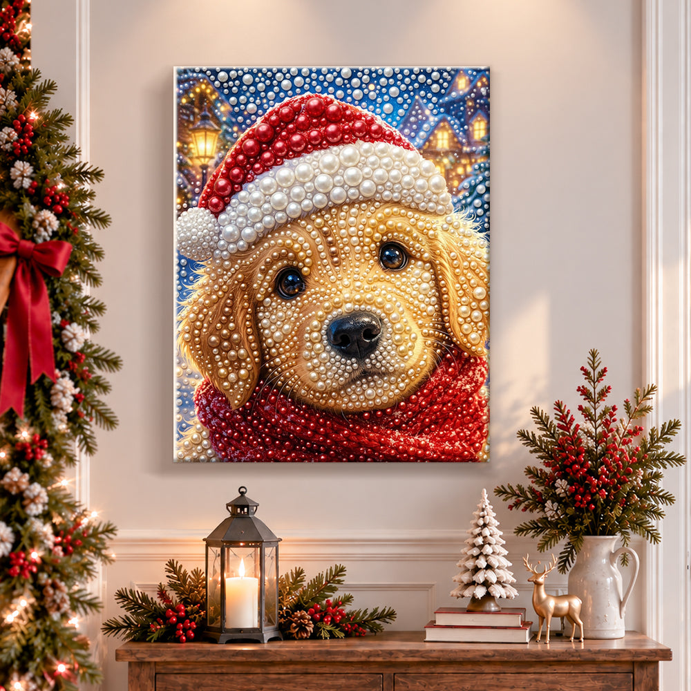 Finished golden retriever wearing santa hat pearl diamond painting artwork displayed as holiday home decor