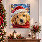 Finished golden retriever wearing santa hat pearl diamond painting artwork displayed as holiday home decor