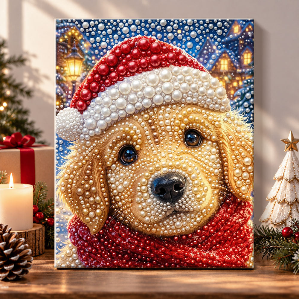 Golden retriever wearing santa hat pearl diamond painting kit for beginners