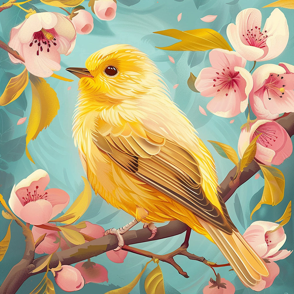 Golden spring bird and cherry blossom cross stitch kit for beginners