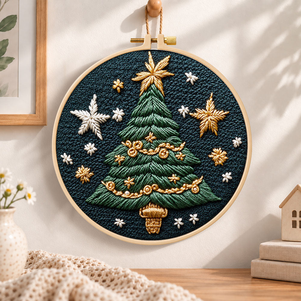 Golden star christmas tree embroidery hoop wall art displayed as warm and cozy handmade home decor