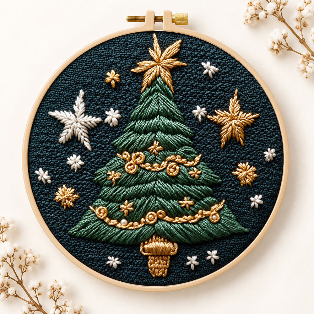 Golden star christmas tree embroidery kit