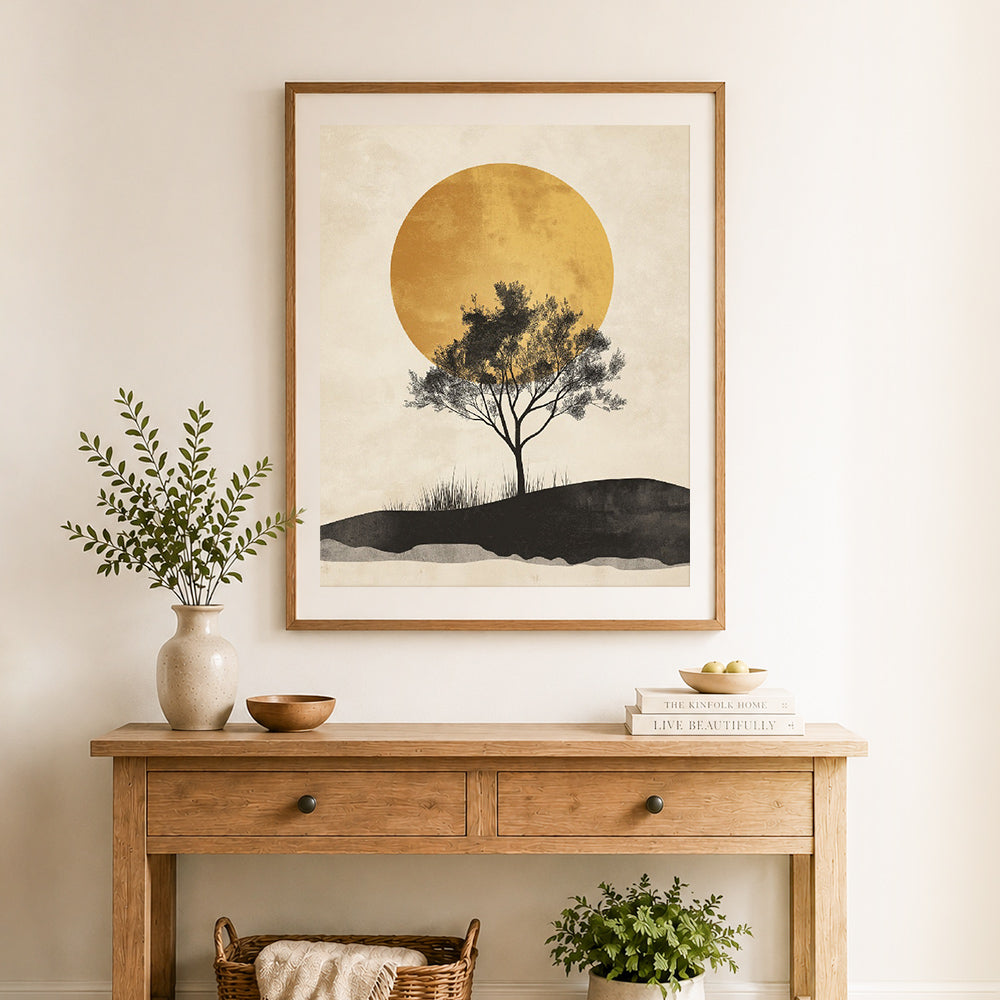 Finished golden sun and solitary tree cross stitch artwork displayed as home decor