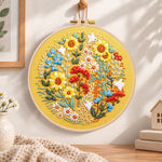 Golden sunflower wreath with white birds embroidery hoop wall art displayed as warm and cozy handmade home decor