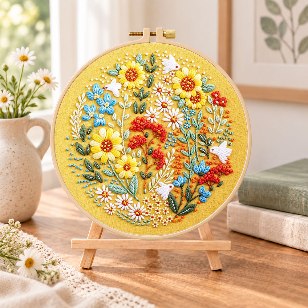 Golden sunflower wreath with white birds embroidery kit finished hoop displayed on a wooden stand as cozy tabletop decor