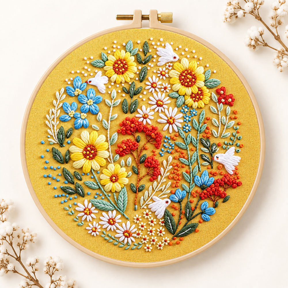 Golden sunflower wreath with white birds embroidery kit