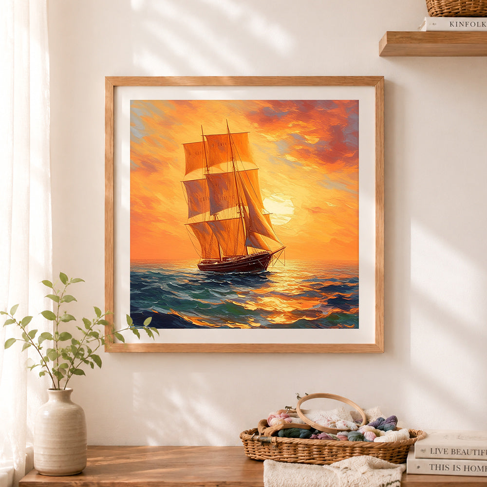 Finished golden sunlit tall sailing ship on calm seas cross stitch artwork displayed as home decor