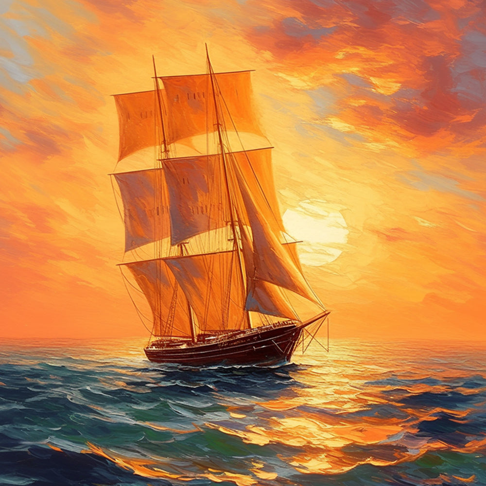 Golden sunlit tall sailing ship on calm seas cross stitch kit for beginners