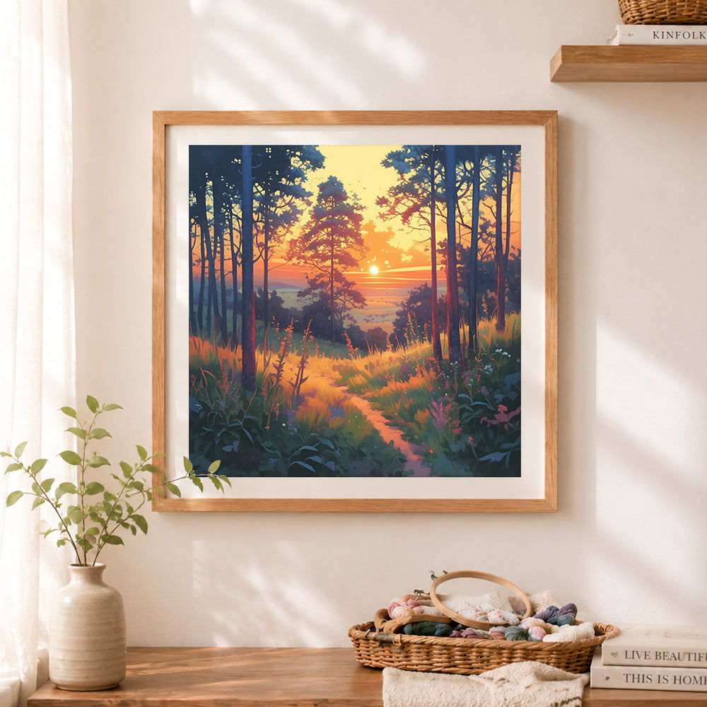 Finished golden sunset forest path cross stitch artwork displayed as home decor