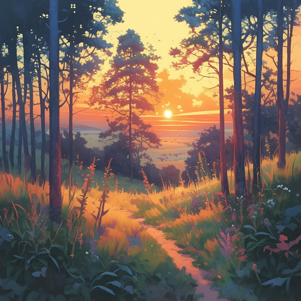 Golden sunset forest path cross stitch kit for beginners