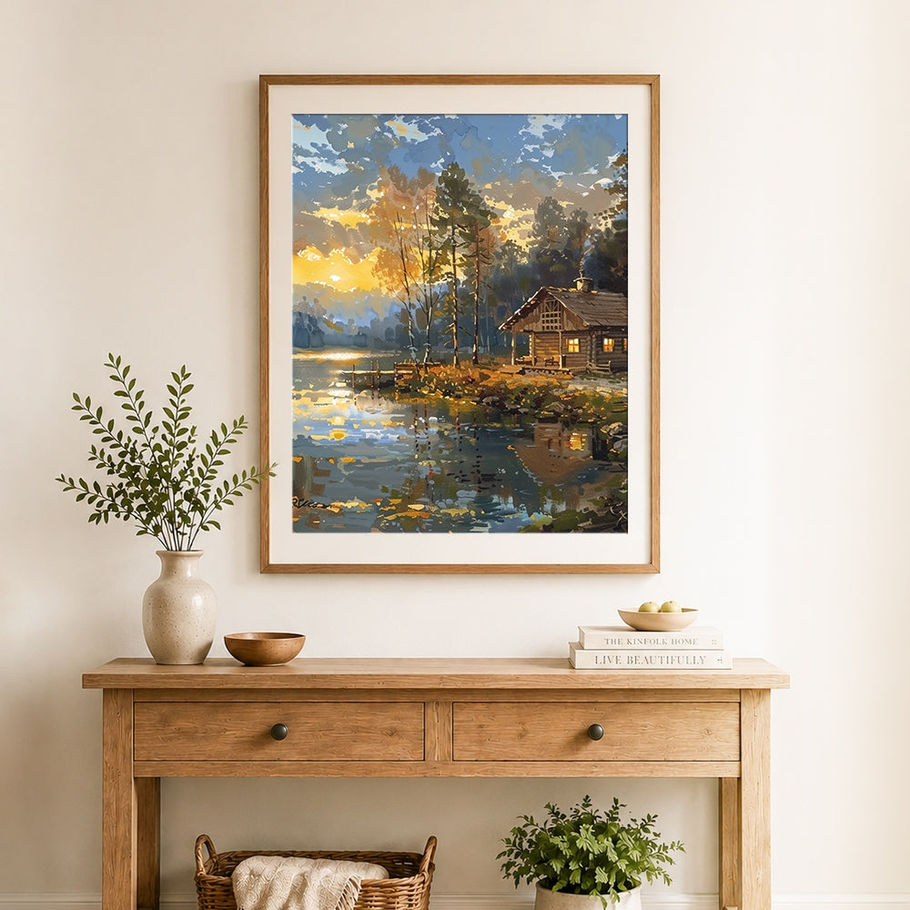 Finished golden sunset log cabin by the lake cross stitch artwork displayed as home decor