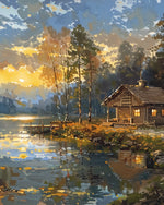 Golden sunset log cabin by the lake cross stitch kit for beginners