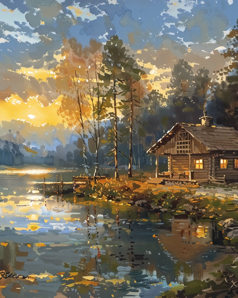 Golden sunset log cabin by the lake cross stitch kit for beginners