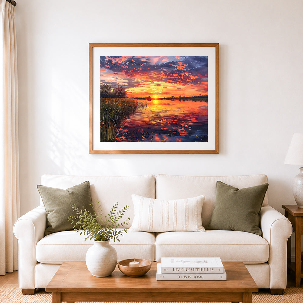 Finished golden sunset reflected on lake cross stitch artwork displayed as home decor