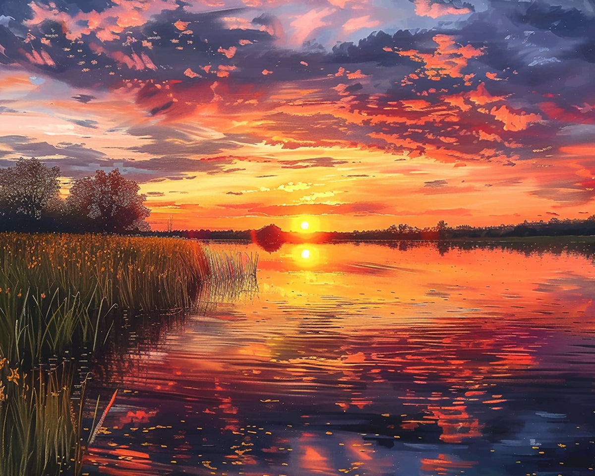 Golden sunset reflected on lake cross stitch kit for beginners