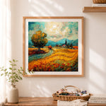 Finished golden tuscan countryside cross stitch artwork displayed as home decor