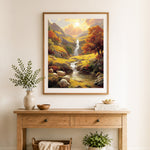 Finished golden valley pasture cross stitch artwork displayed as home decor