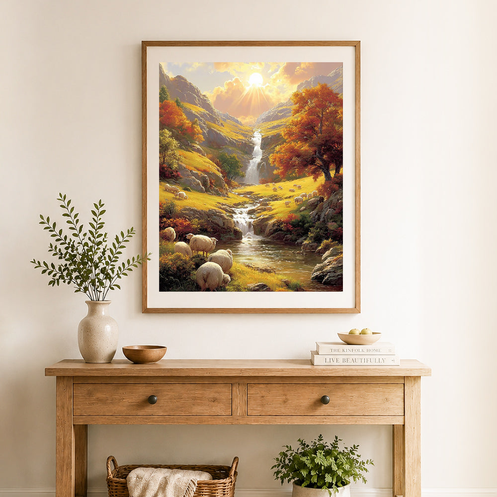 Finished golden valley pasture cross stitch artwork displayed as home decor