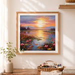 Finished golden water lily pond at sunset cross stitch artwork displayed as home decor