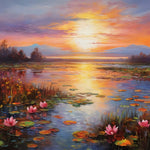 Golden water lily pond at sunset cross stitch kit for beginners
