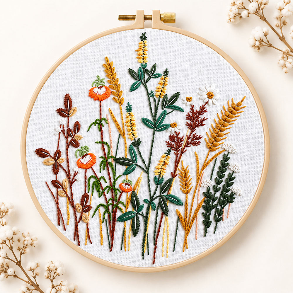 Golden wheat and poppy blooms embroidery kit