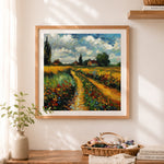 Finished golden wheat field pathway cross stitch artwork displayed as home decor