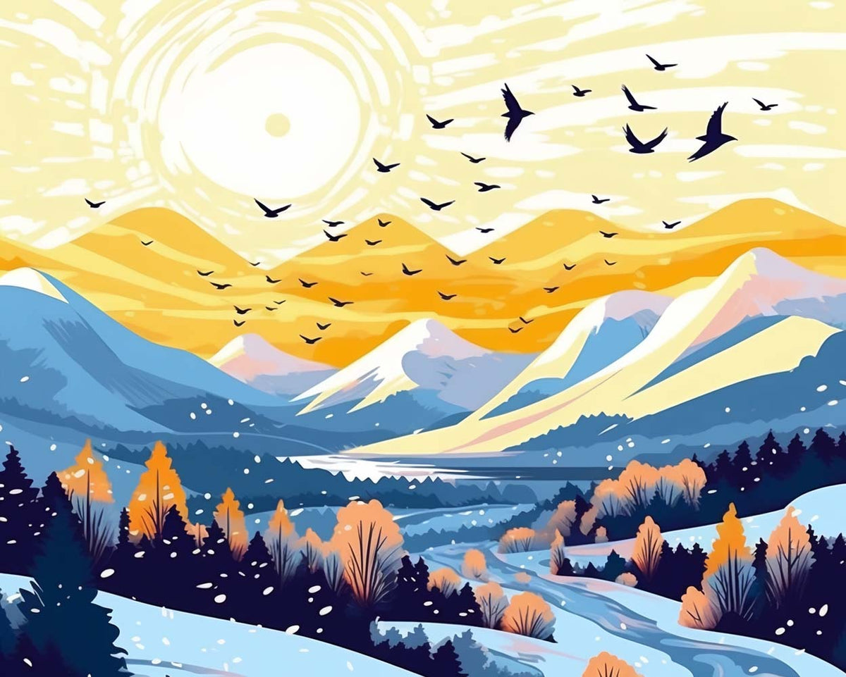 Golden winter mountain valley cross stitch kit for beginners