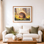 Finished golden woodland hedgehog cross stitch artwork displayed as home decor