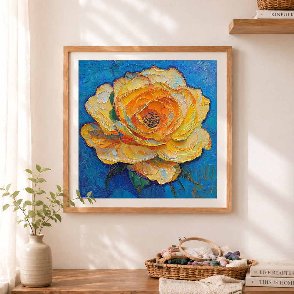 Finished golden yellow rose cross stitch artwork displayed as home decor